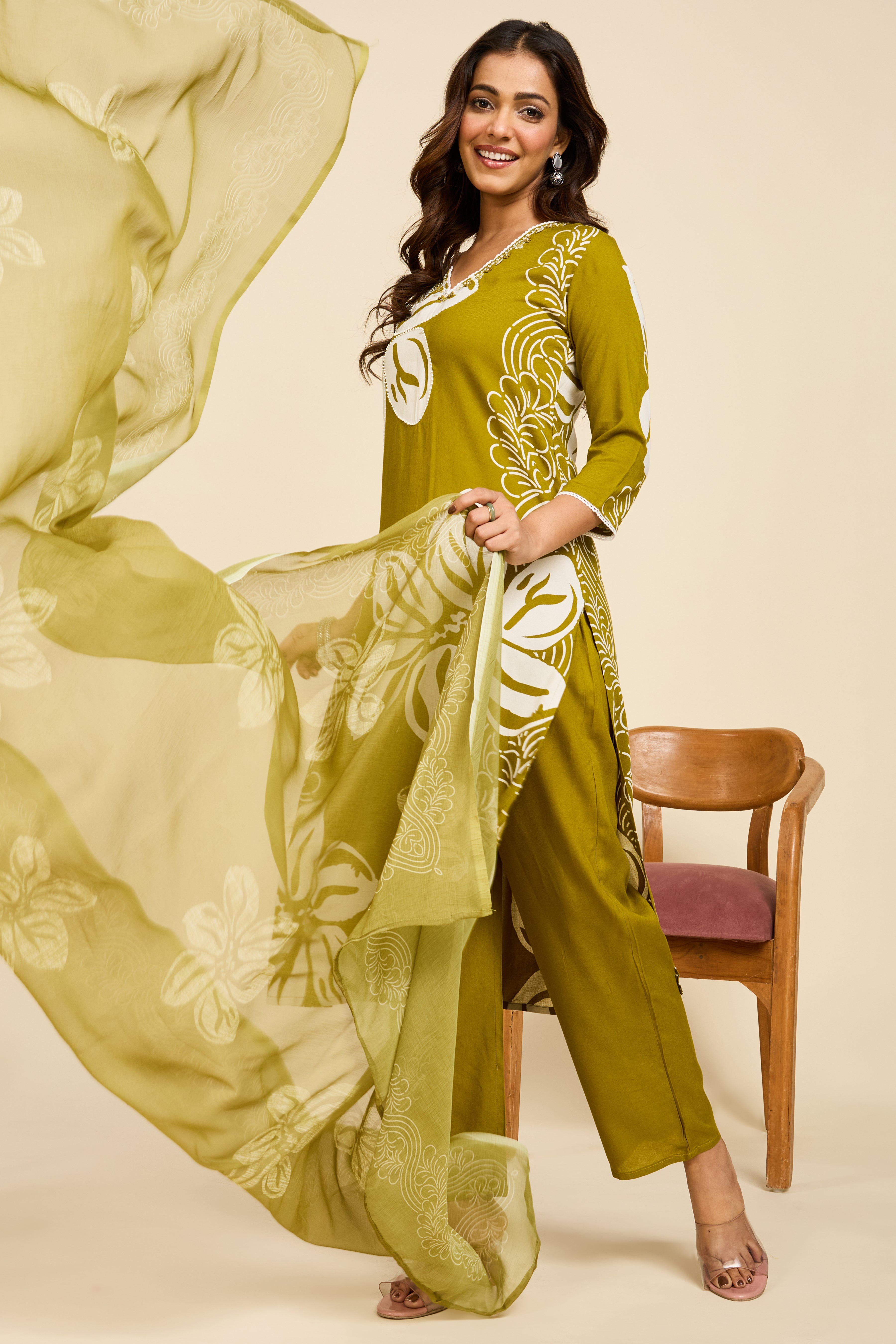 Olive Bloom Cotton Kurta Set