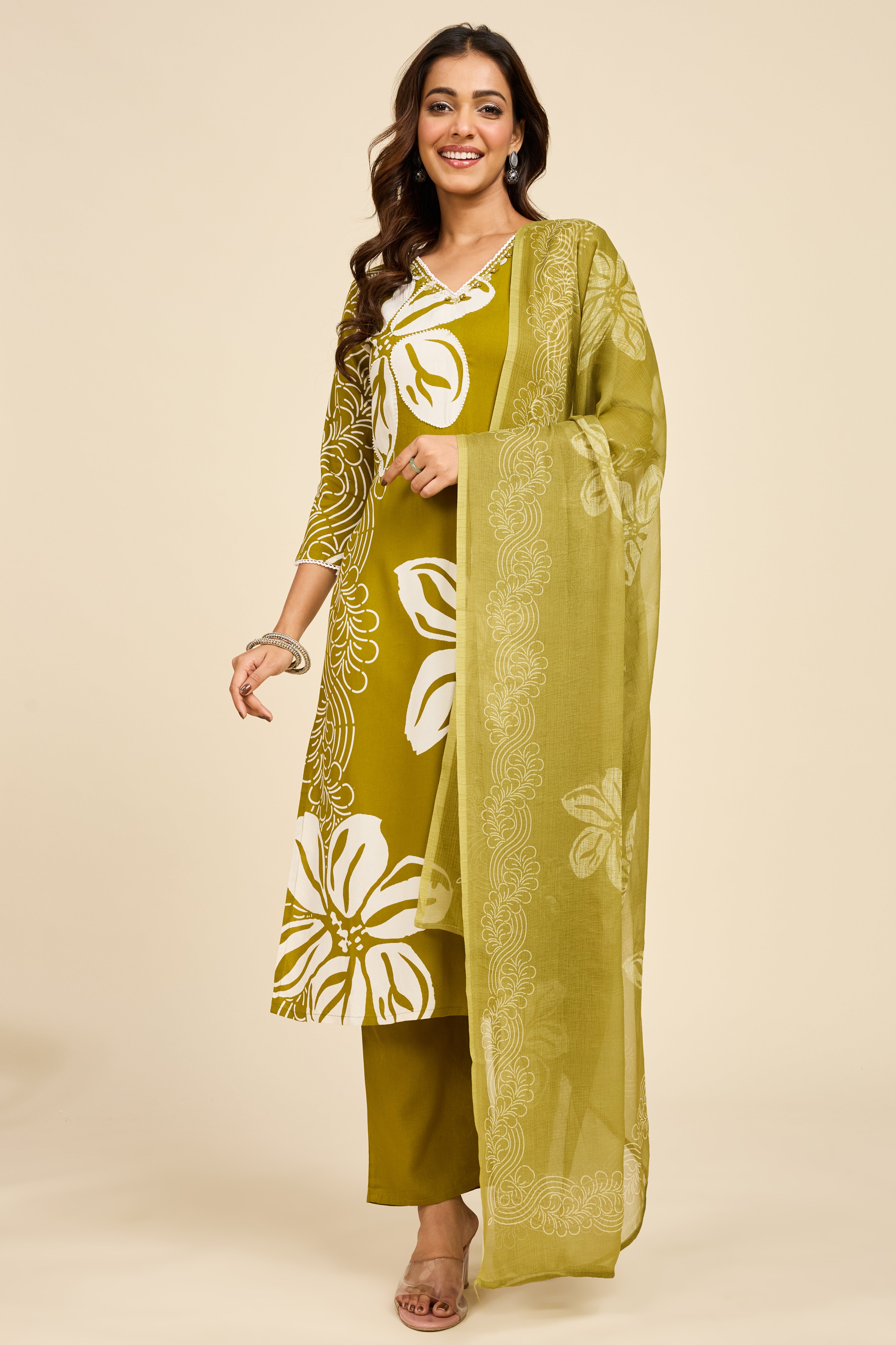 Olive Bloom Cotton Kurta Set