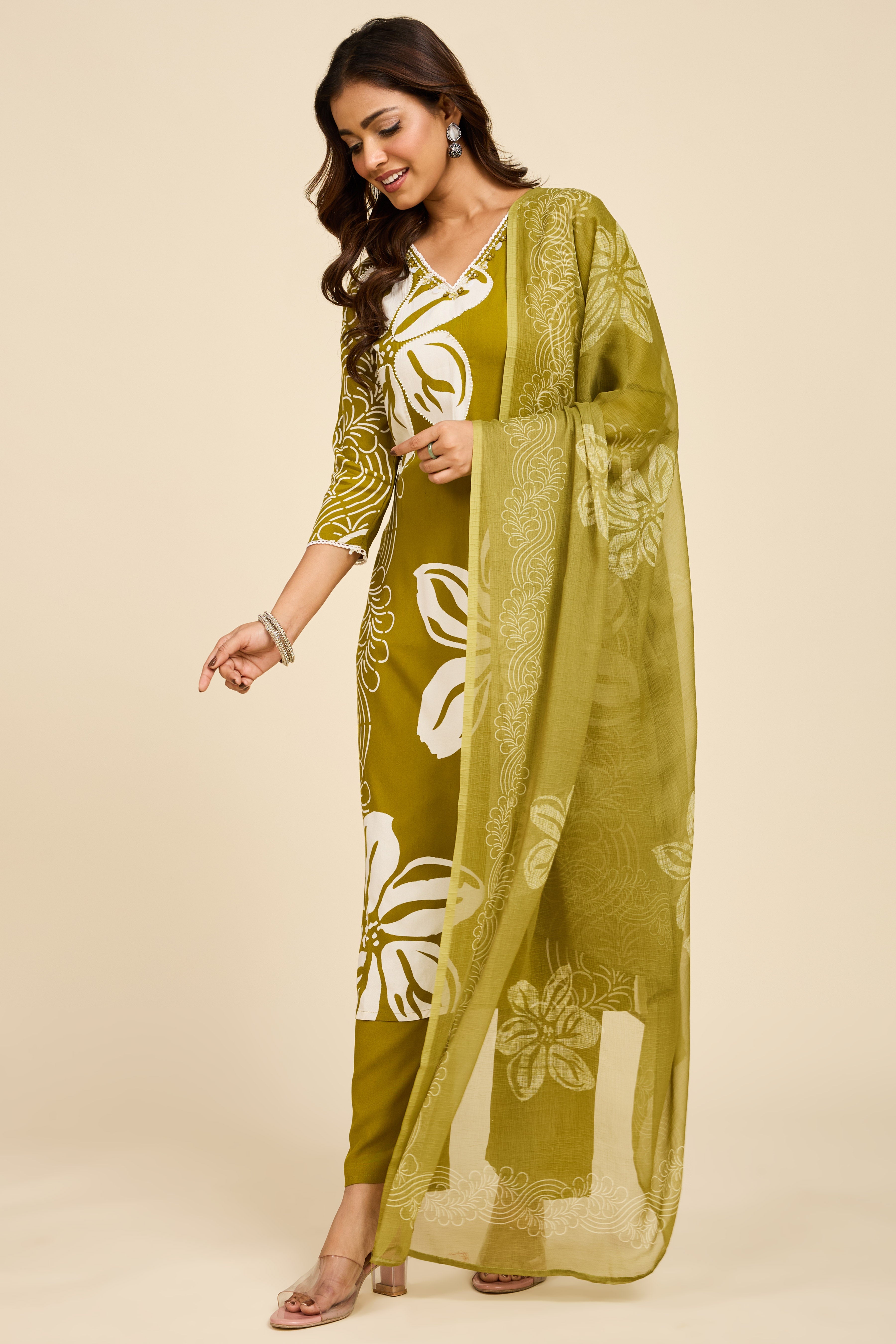 Olive Bloom Cotton Kurta Set