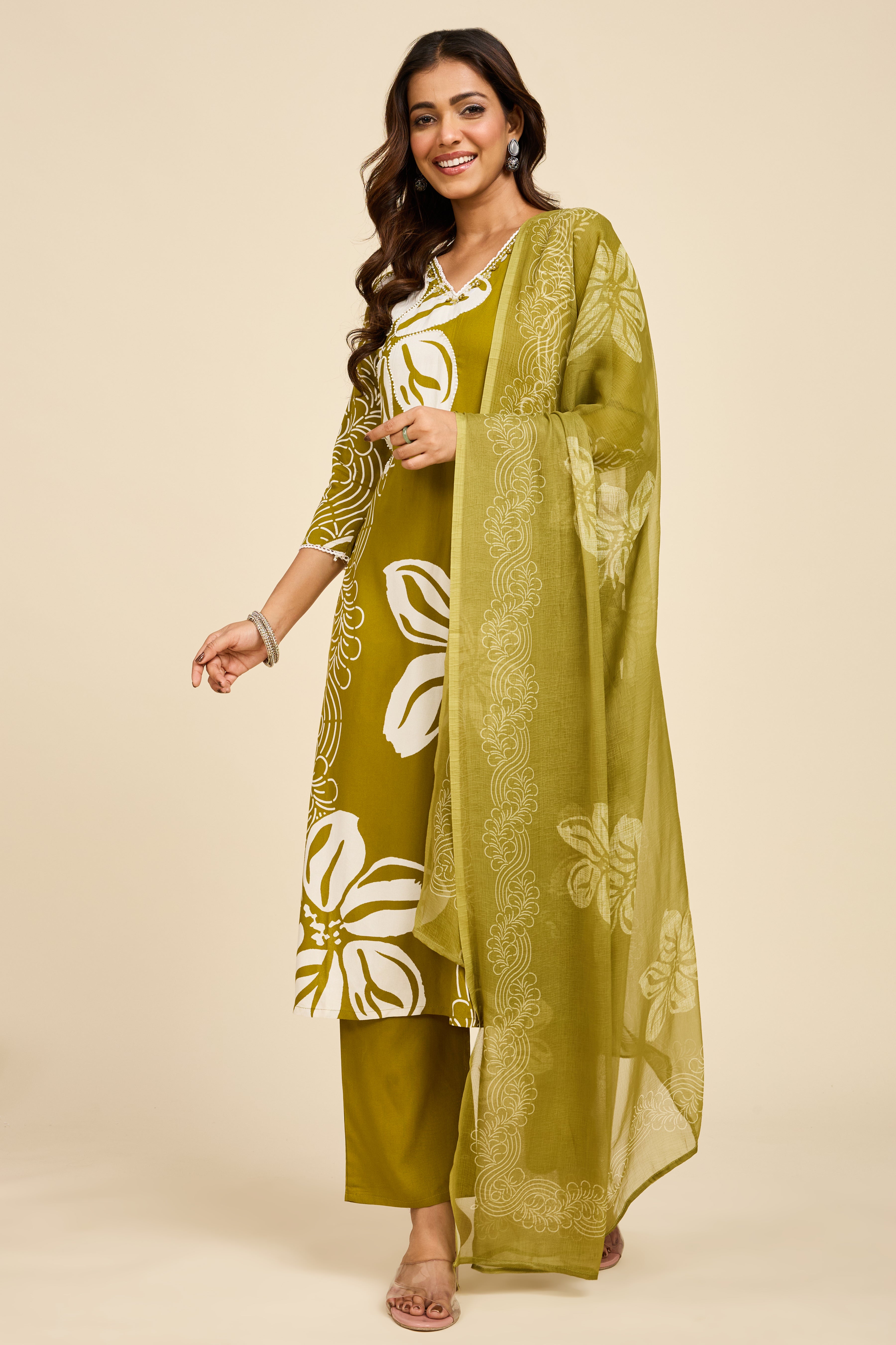 Olive Bloom Cotton Kurta Set