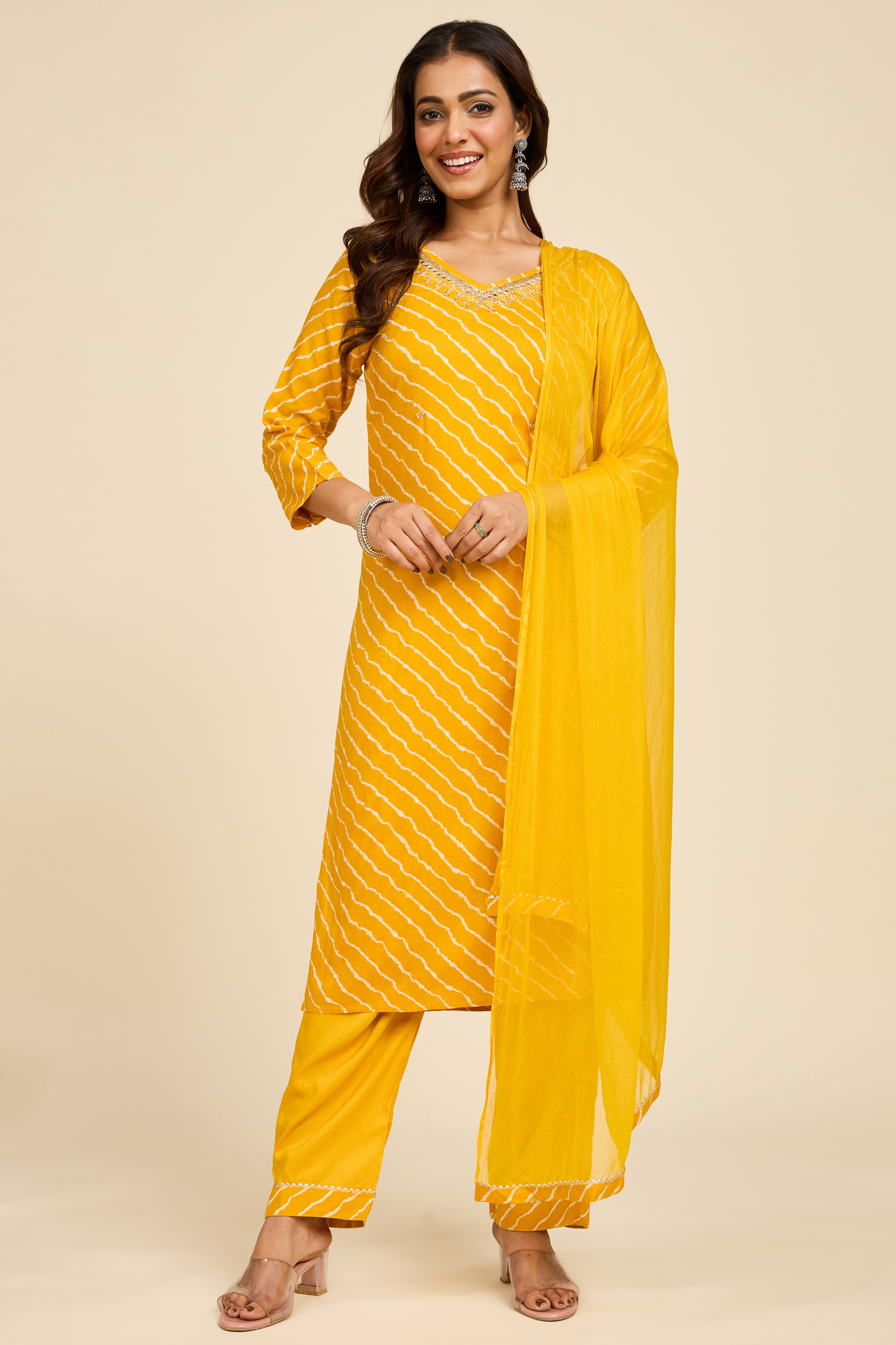 Alaya Select Haldi Leheriya Kurta Set