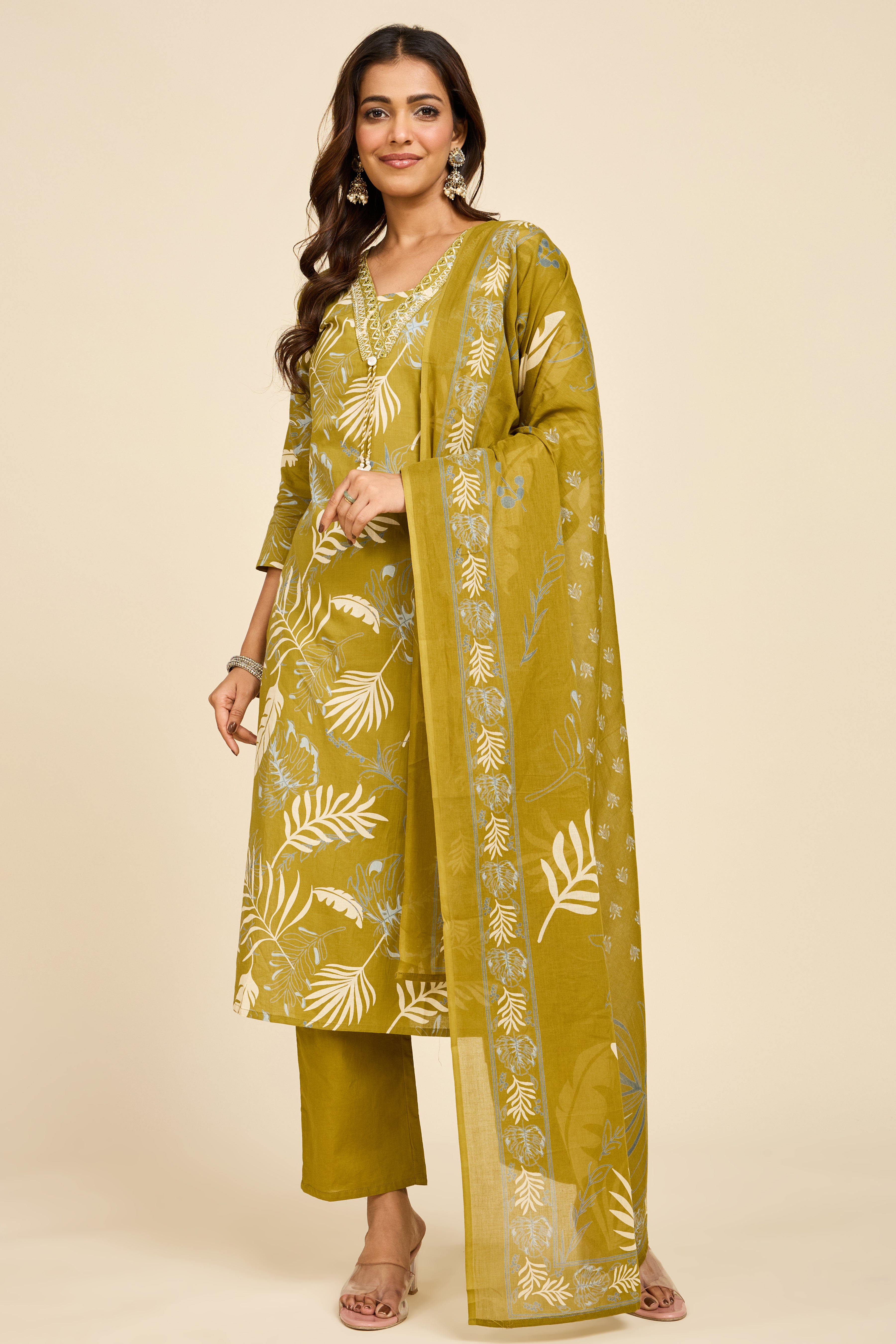 Olive Cotton Kurta Set