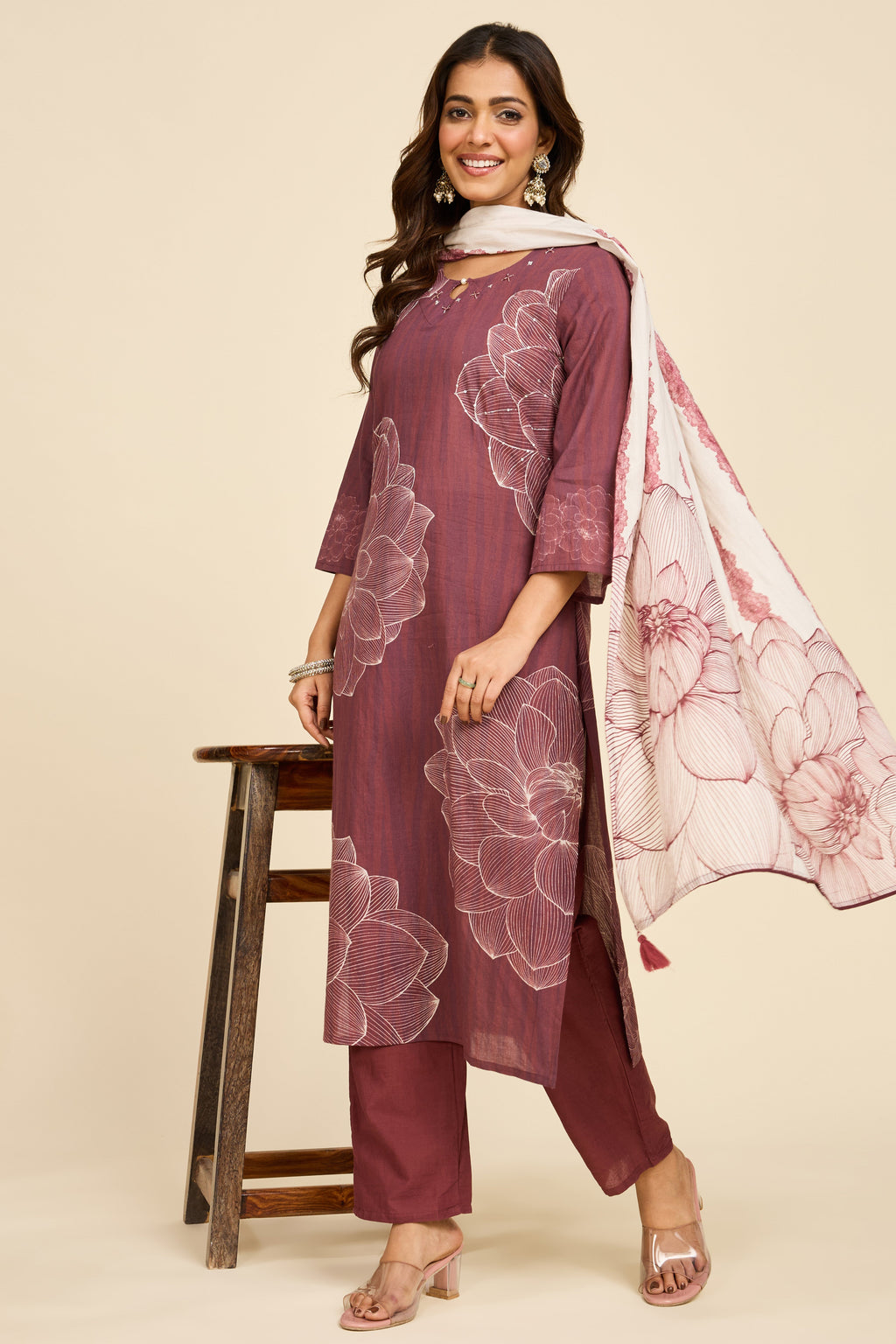 Mauve Floral Cotton Kurta Set