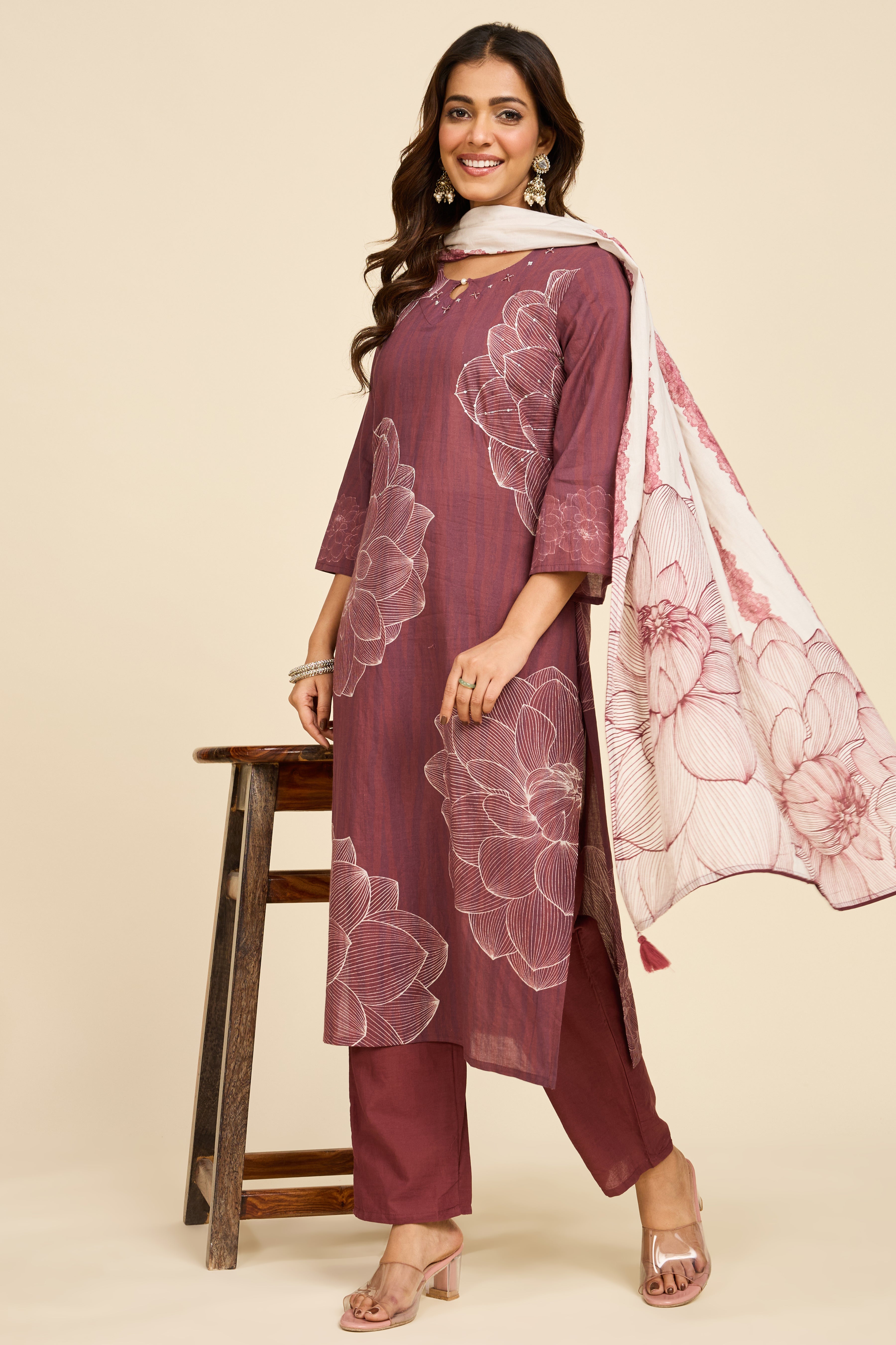 Mauve Floral Cotton Kurta Set