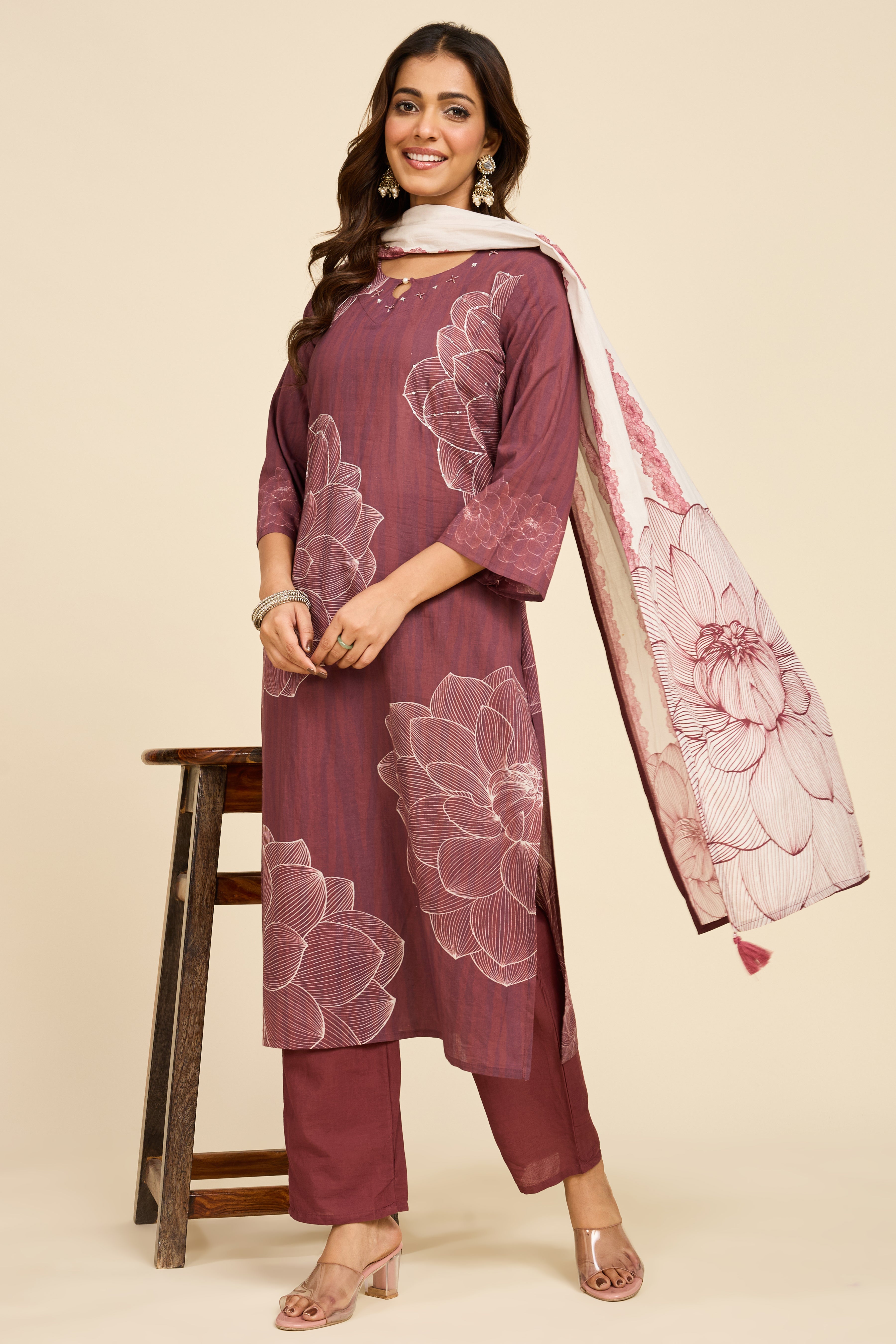 Mauve Floral Cotton Kurta Set
