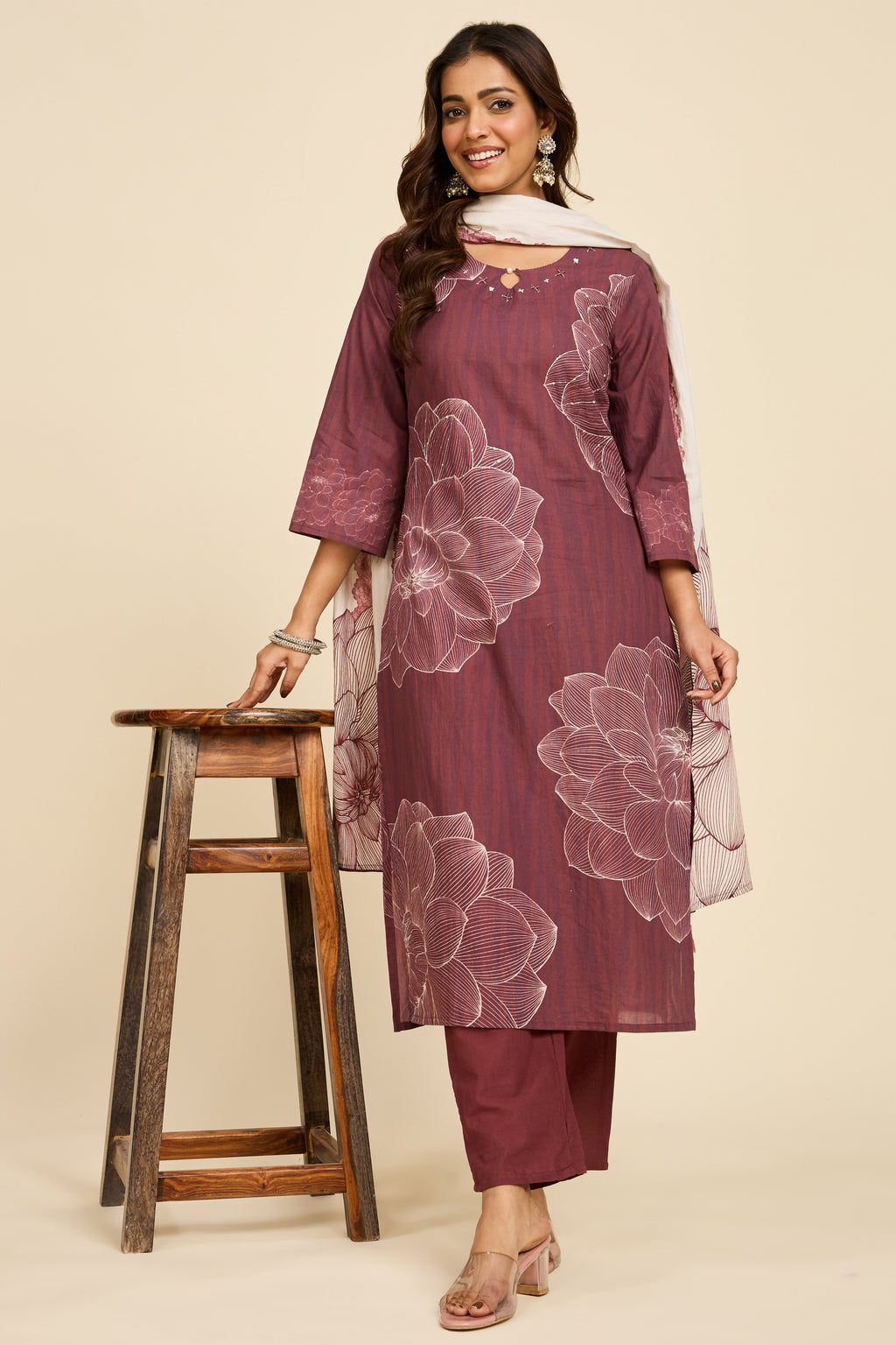 Mauve Floral Cotton Kurta Set