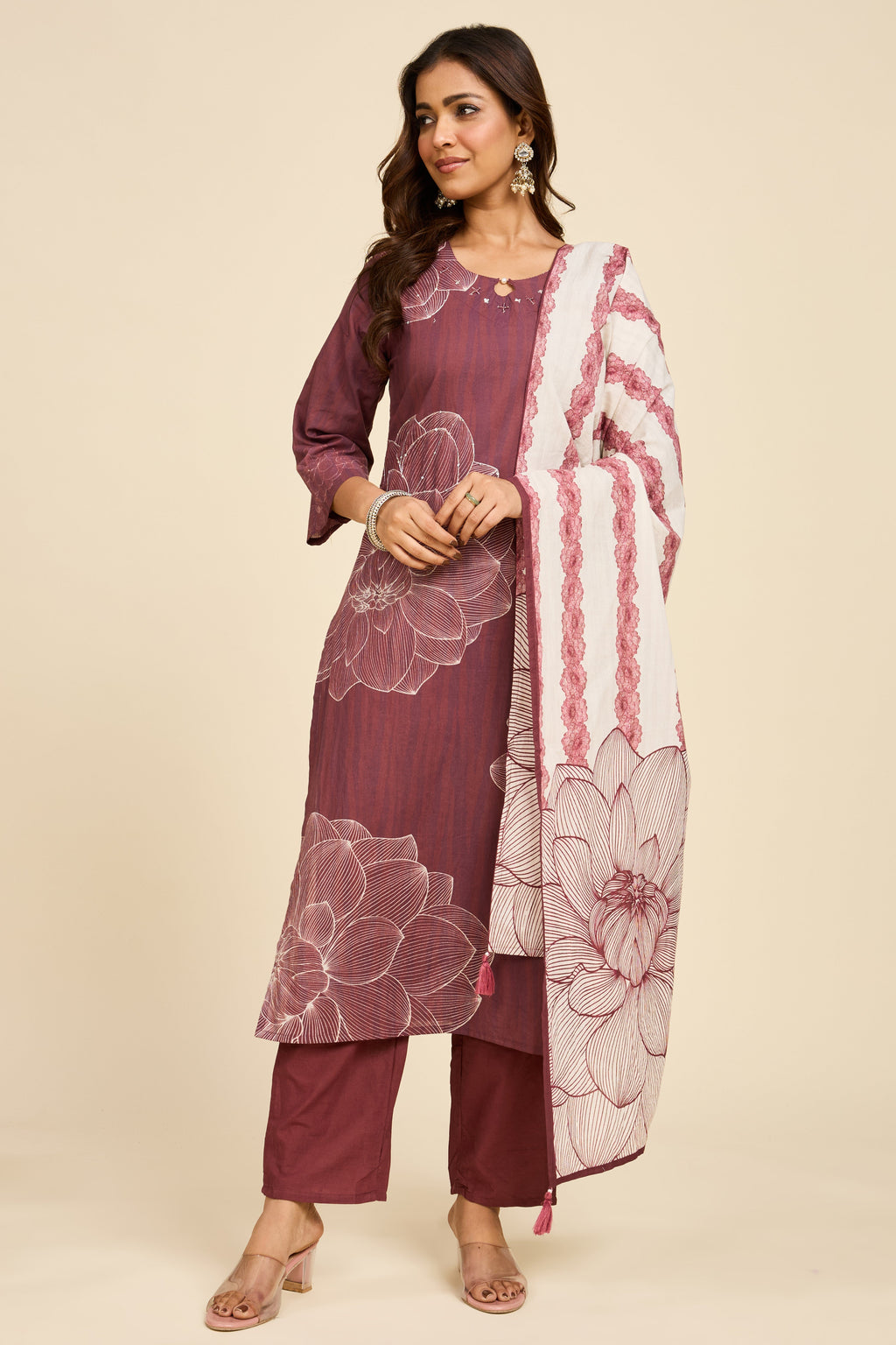 Mauve Floral Cotton Kurta Set