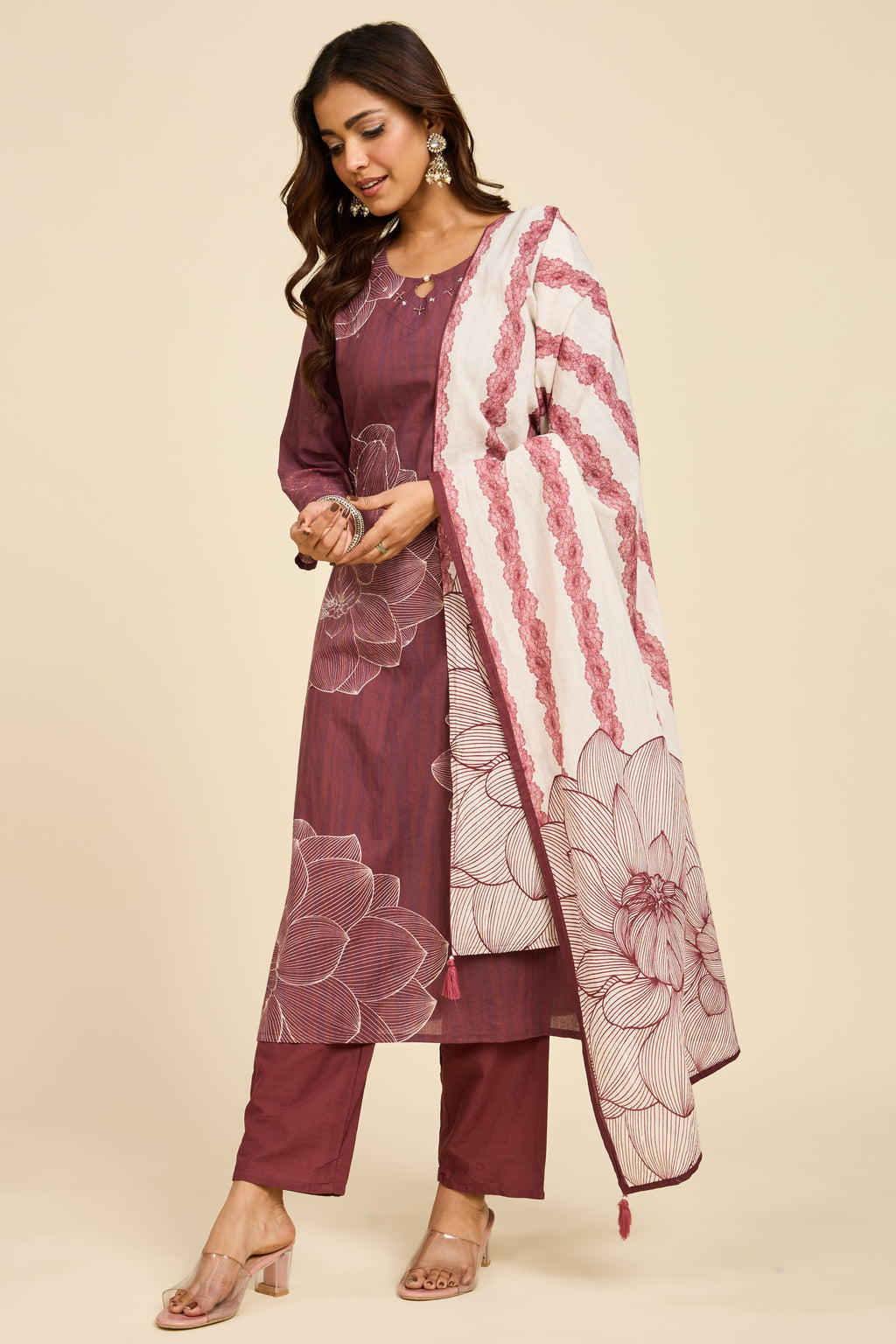 Mauve Floral Cotton Kurta Set