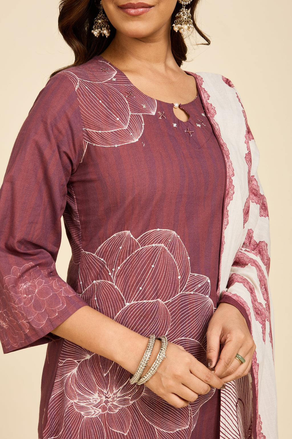Mauve Floral Cotton Kurta Set