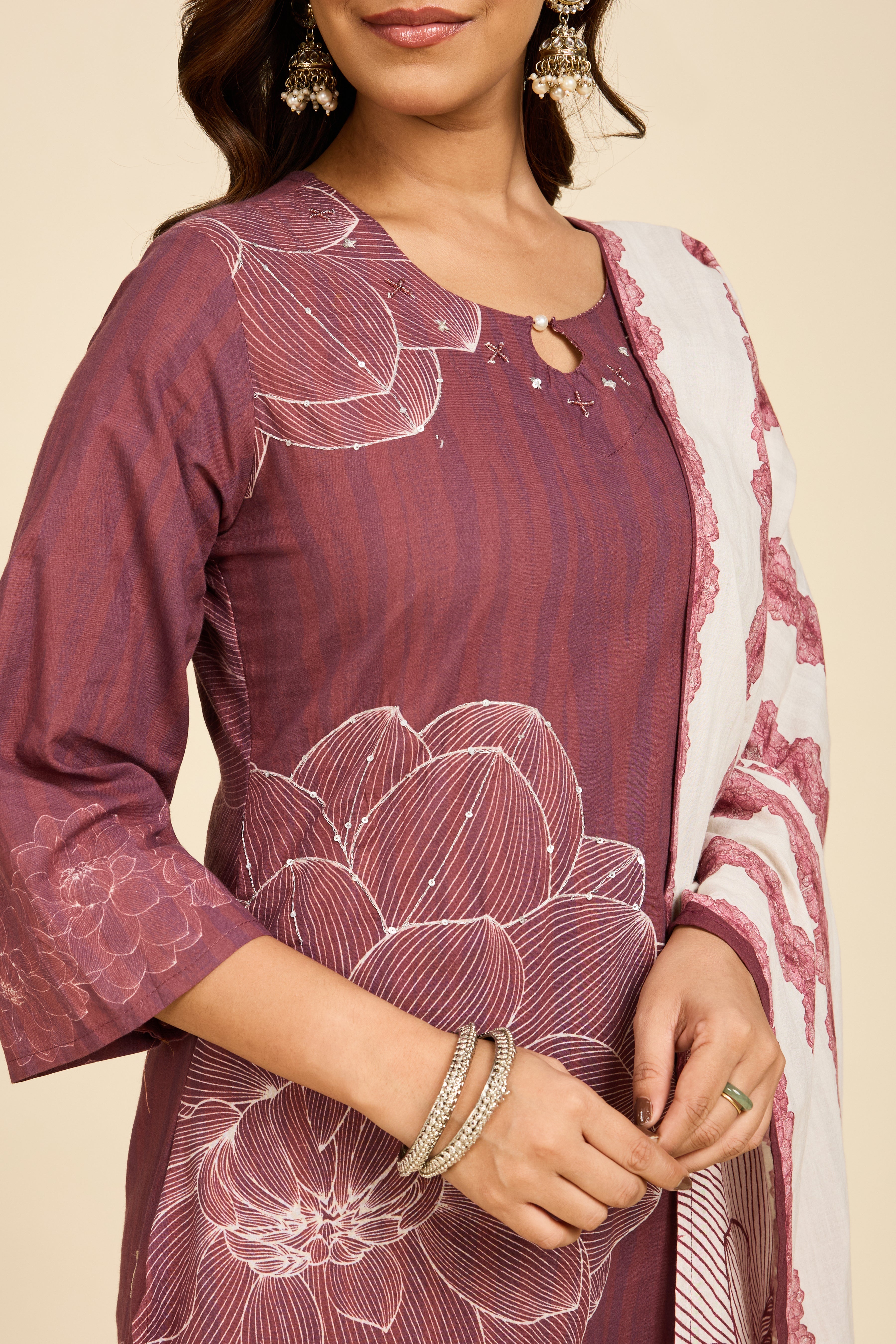 Mauve Floral Cotton Kurta Set