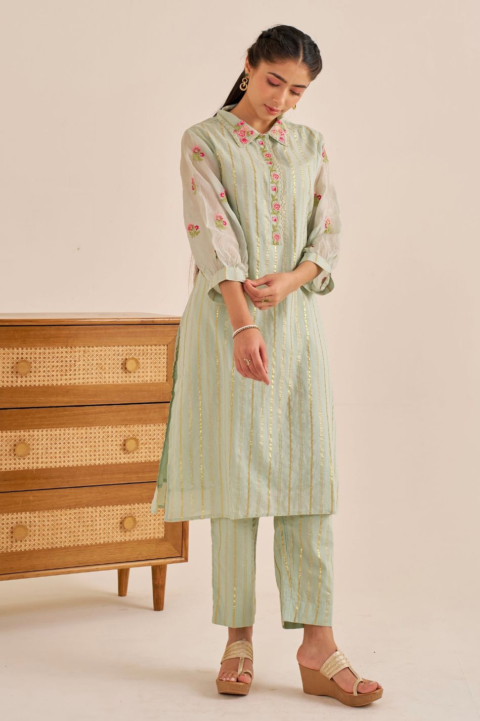 Meher Green Embroidered Lurex Kurta Set