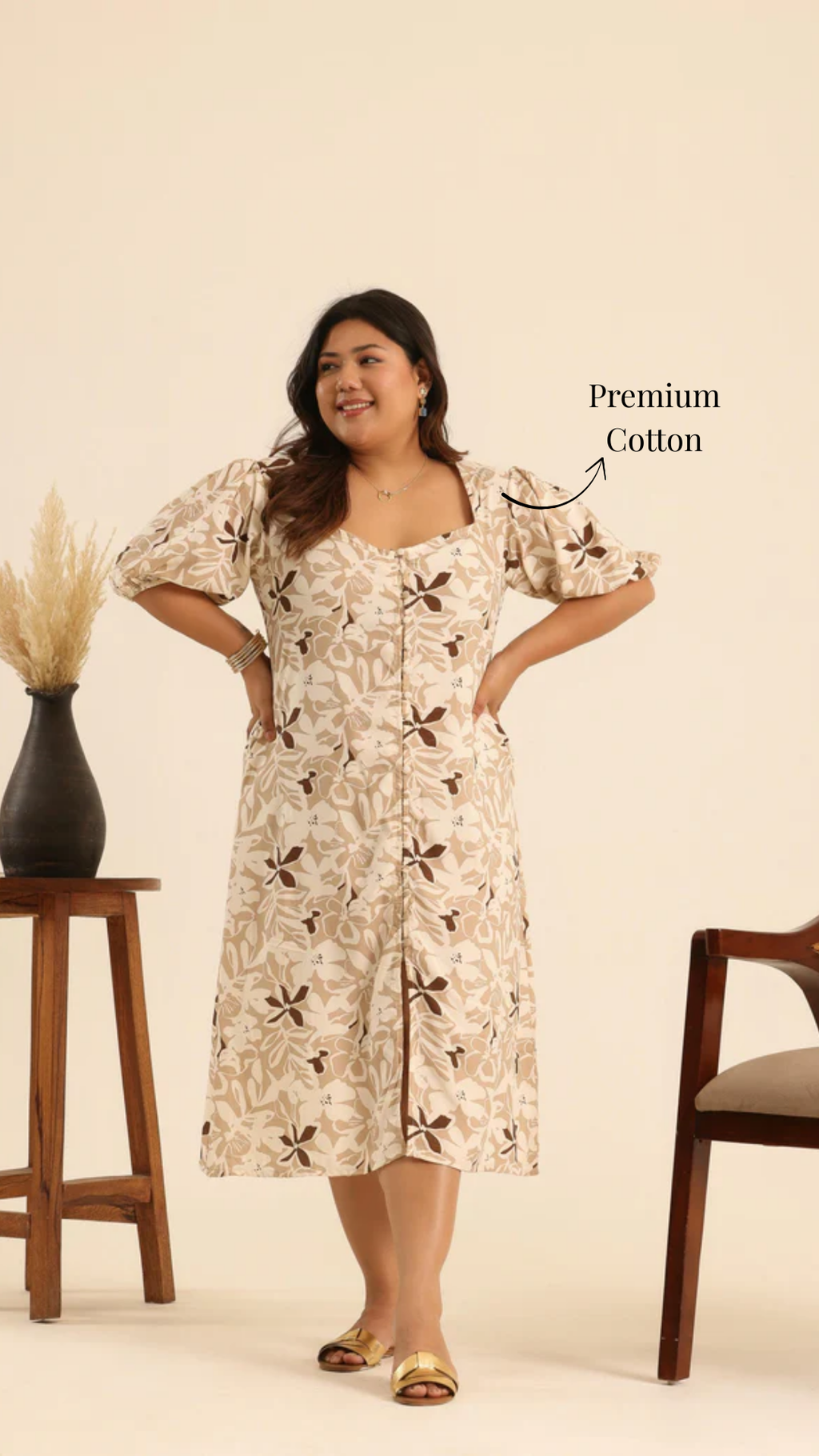 Rangrez Nutty Latte Printed Midi Dress