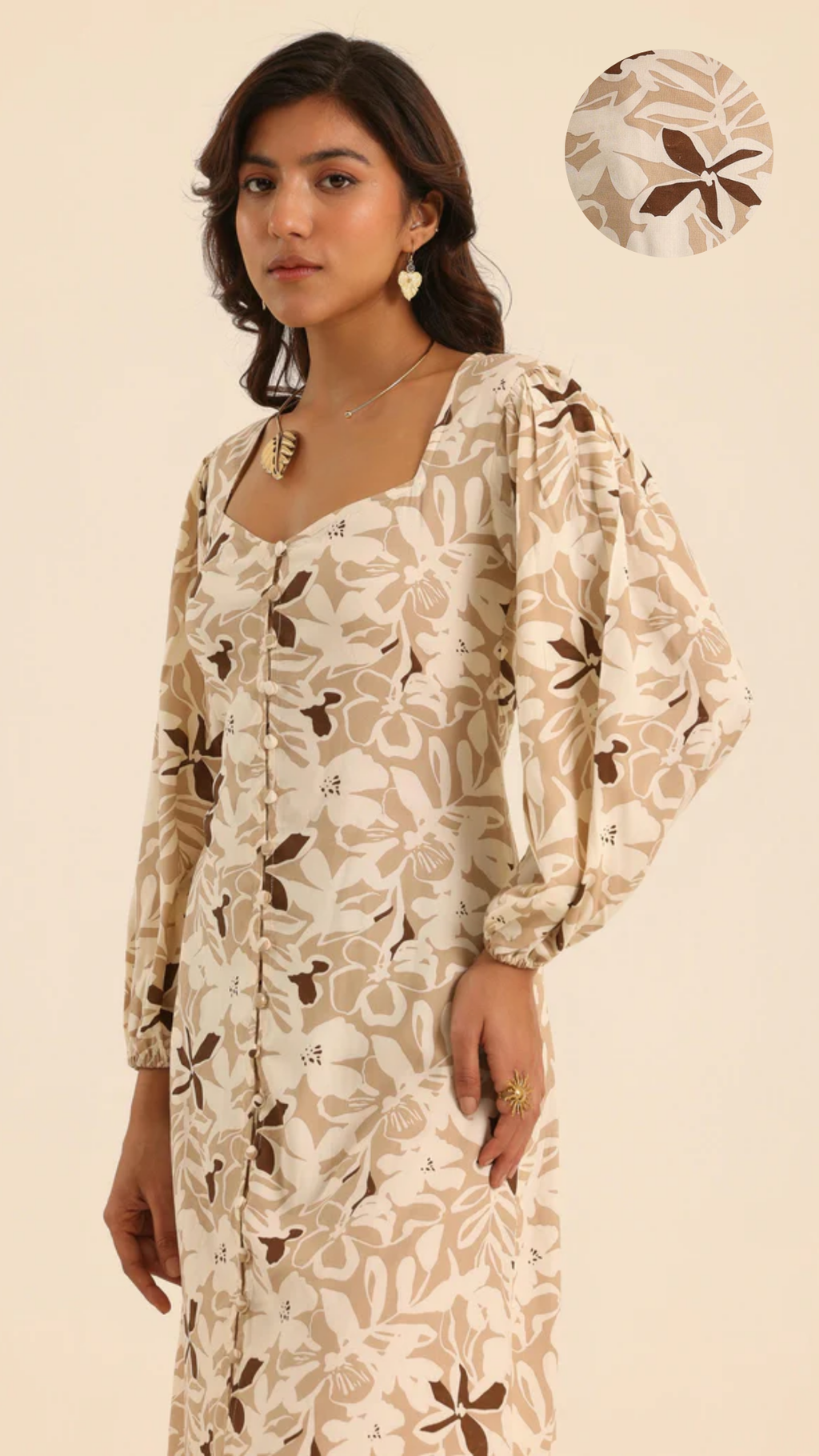 Rangrez Nutty Latte Printed Midi Dress