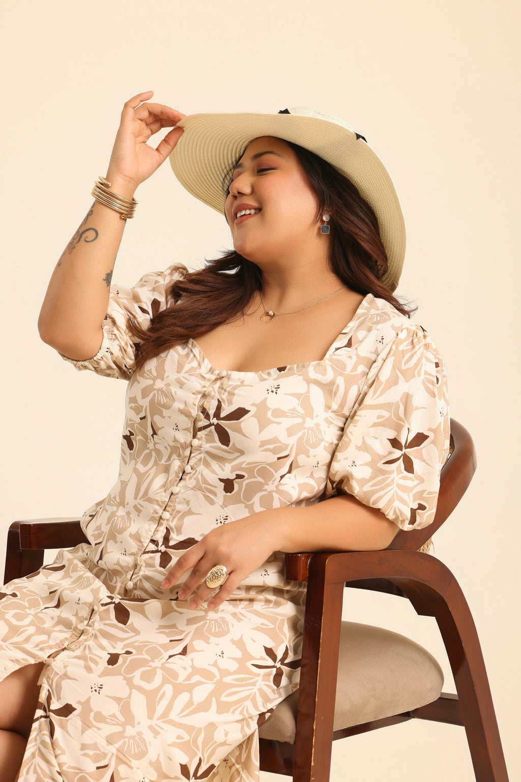 Rangrez Nutty Latte Printed Midi Dress