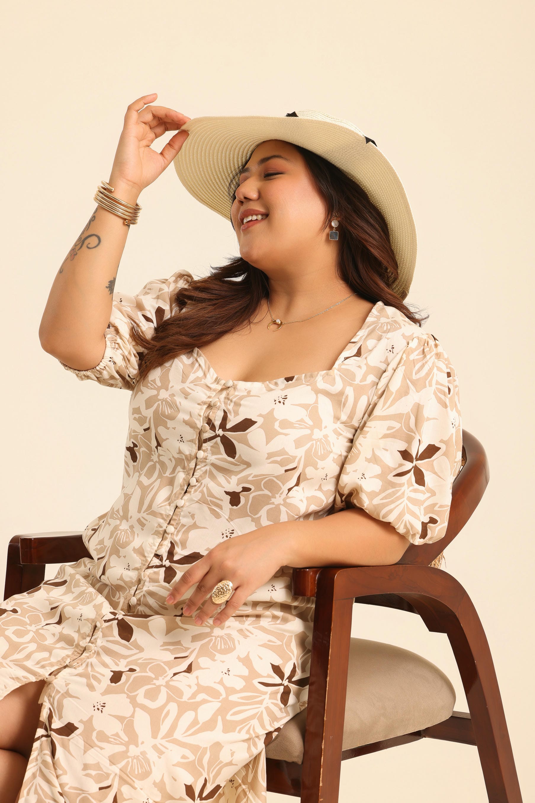 Rangrez Nutty Latte Printed Midi Dress