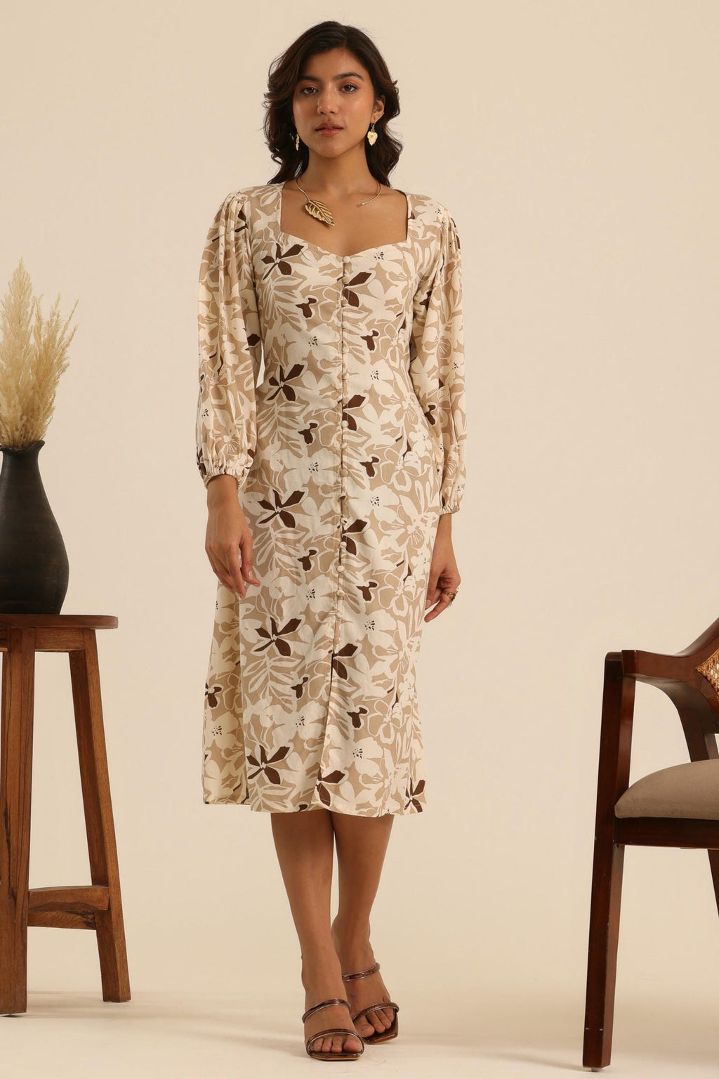 Rangrez Nutty Latte Printed Midi Dress
