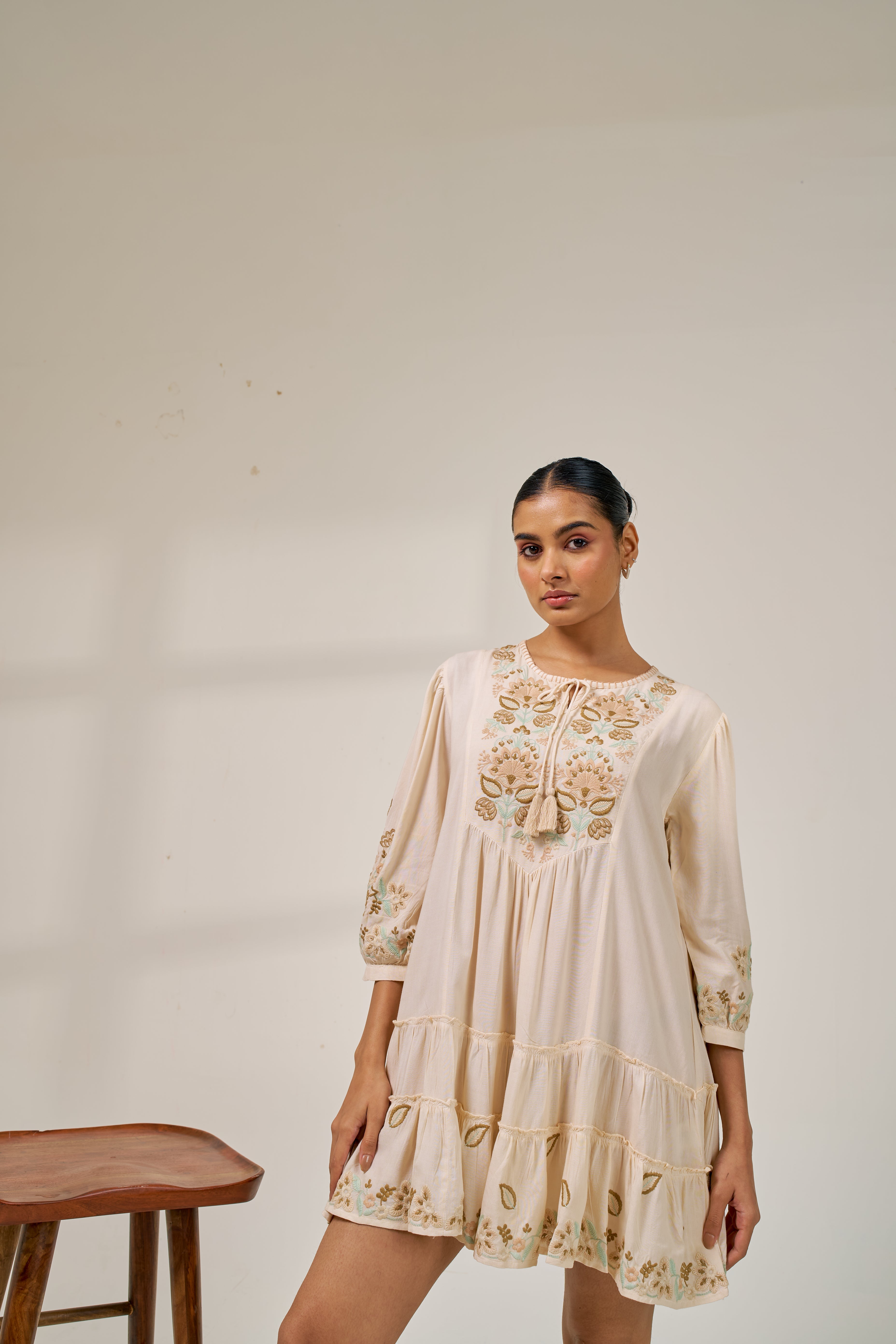 Meher Beige Bloom Embroidered Dress