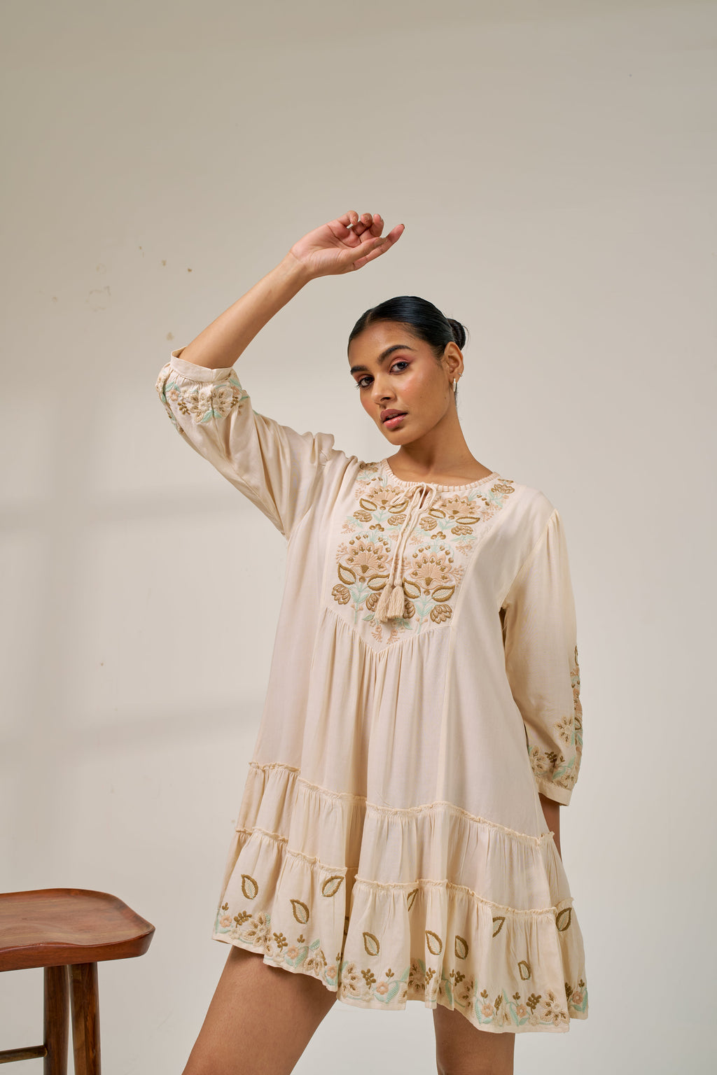 Meher Beige Bloom Embroidered Dress