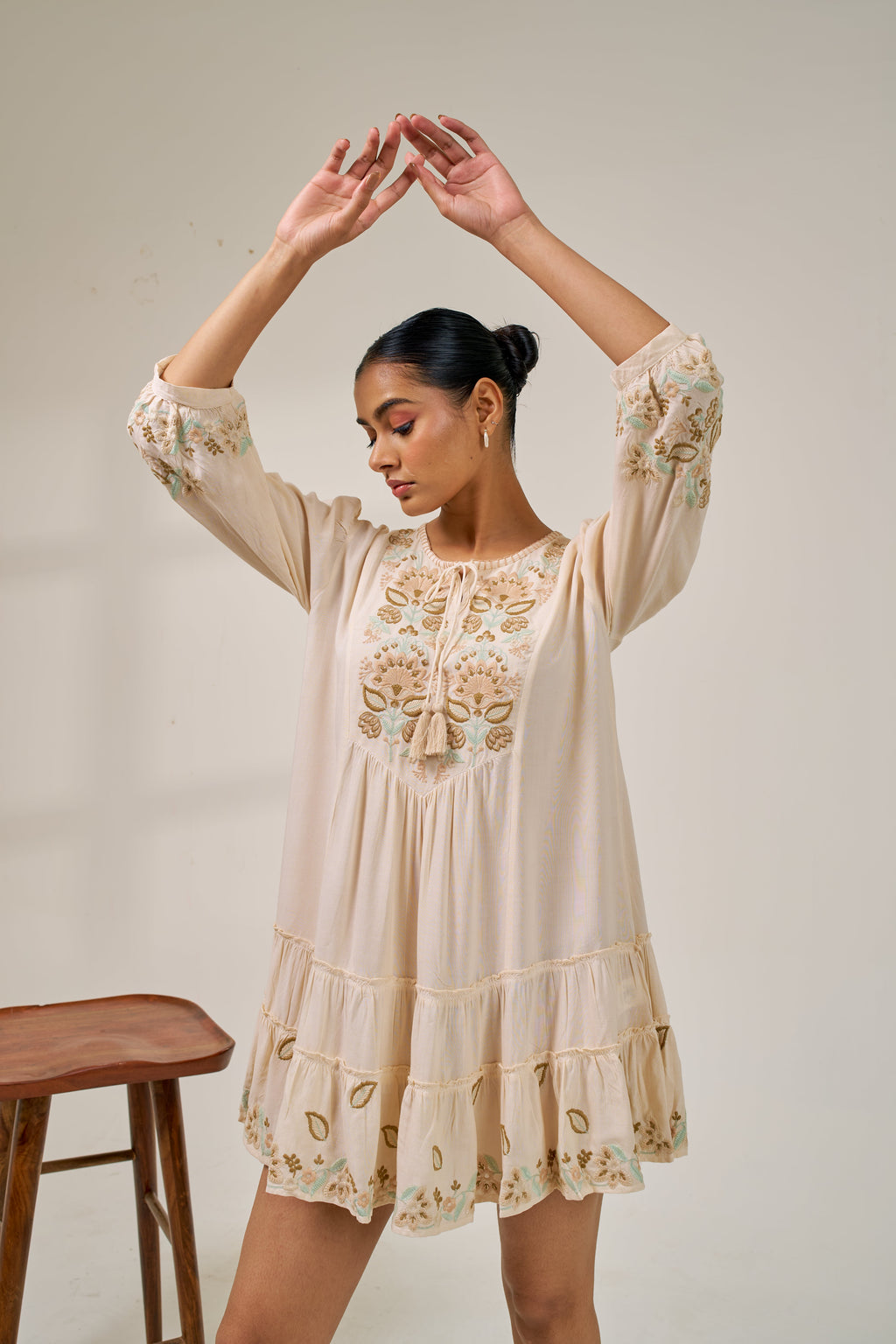 Meher Beige Bloom Embroidered Dress