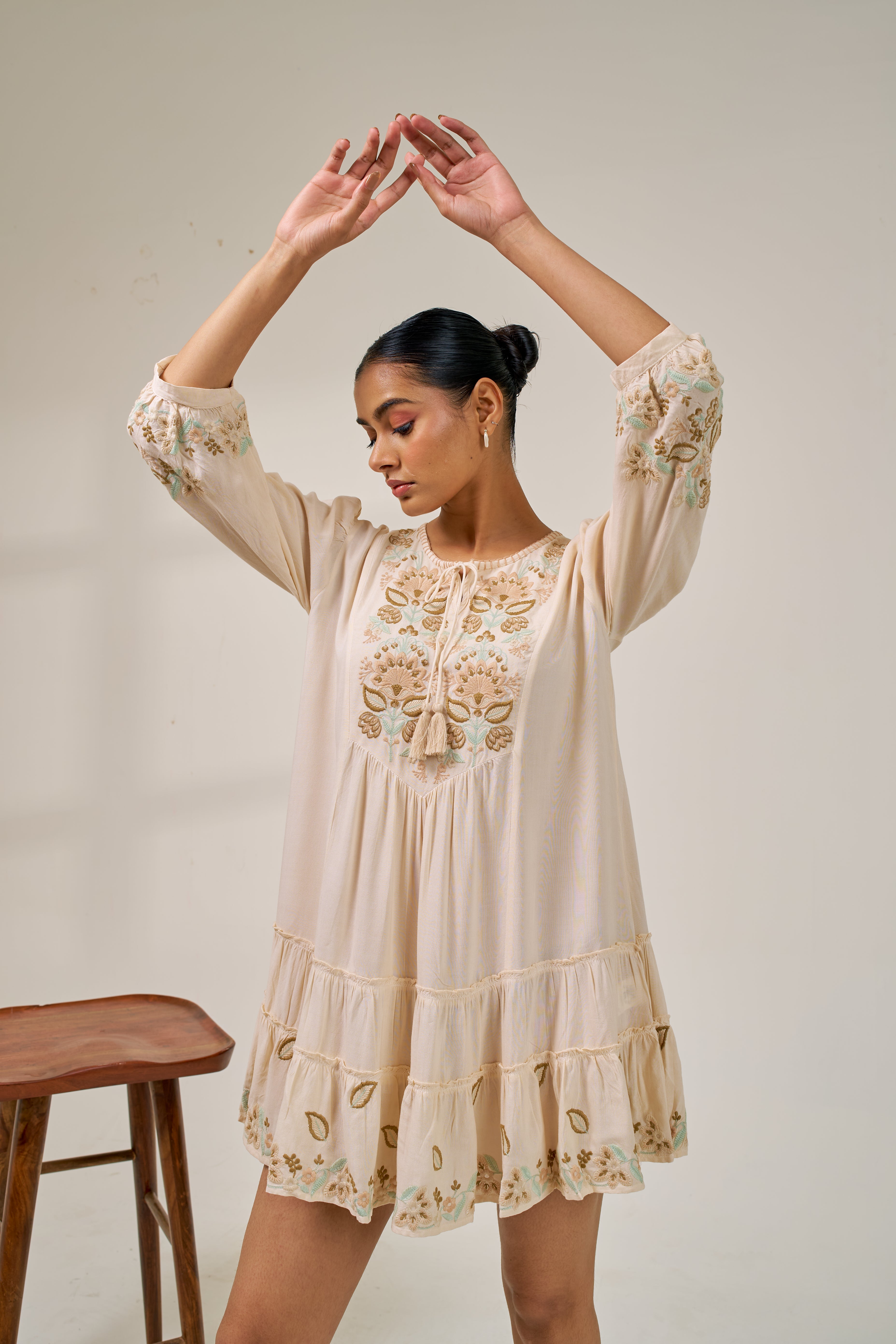 Meher Beige Bloom Embroidered Dress