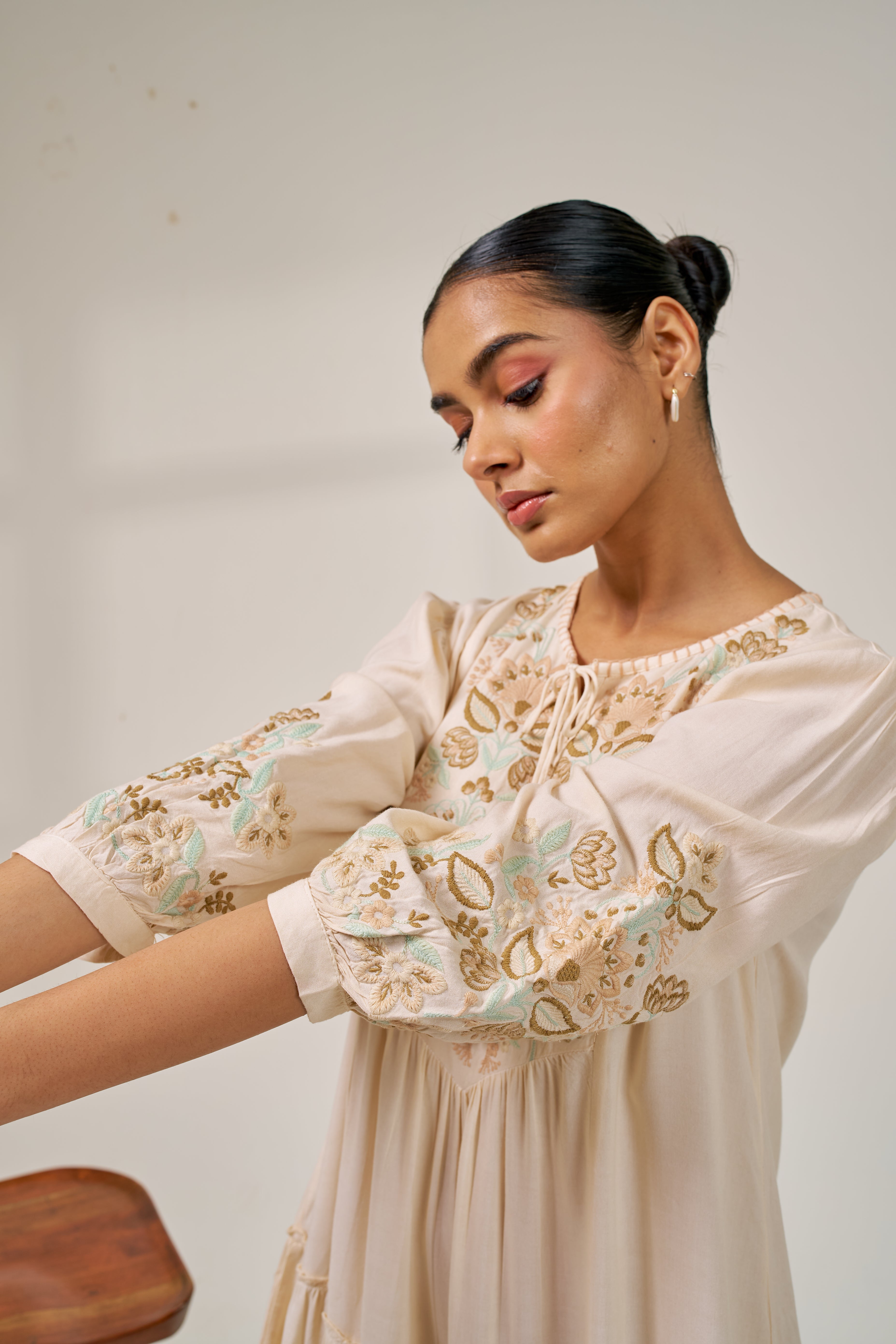 Meher Beige Bloom Embroidered Dress