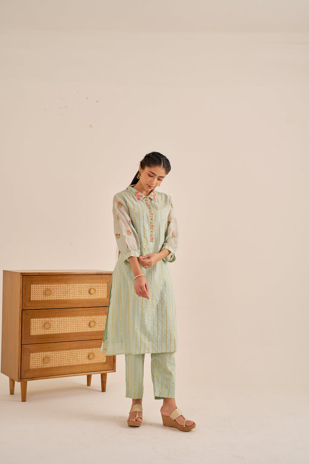 Meher Green Embroidered Lurex Kurta Set