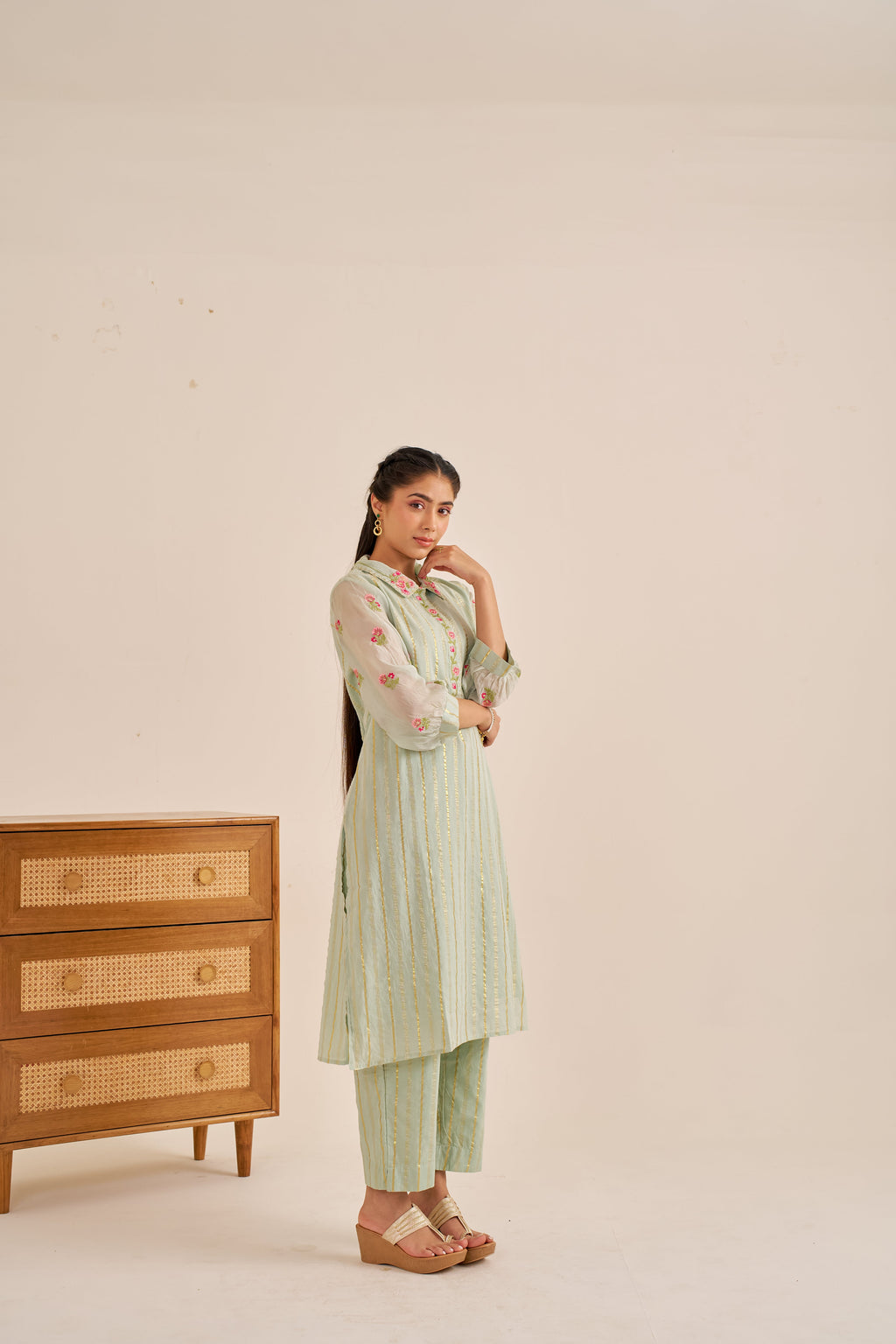Meher Green Embroidered Lurex Kurta Set