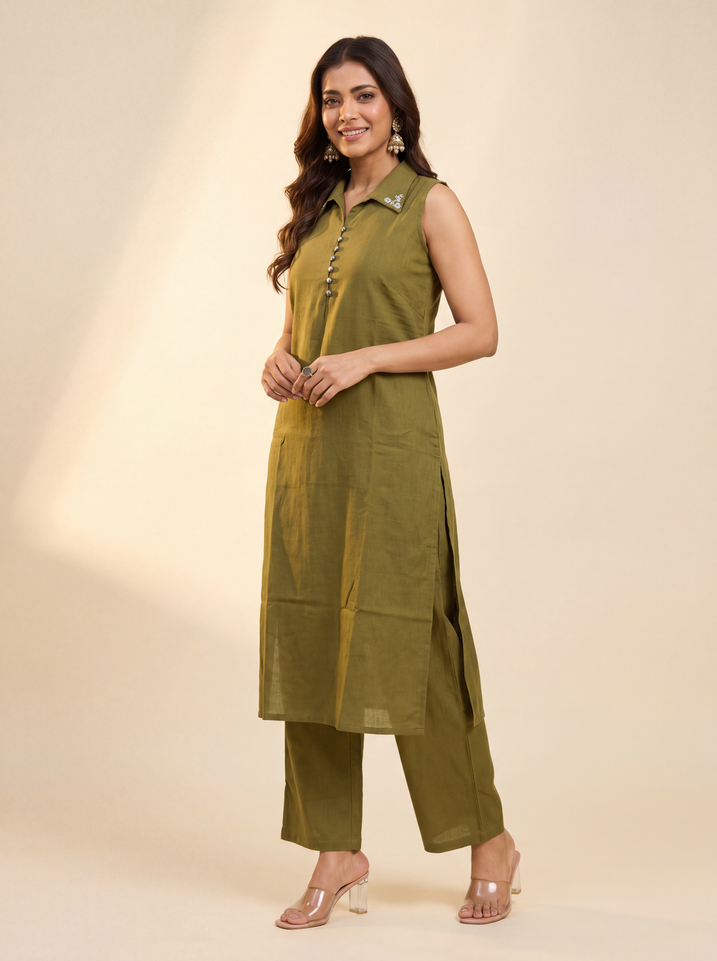 Olive Petal Collar Kurta Set