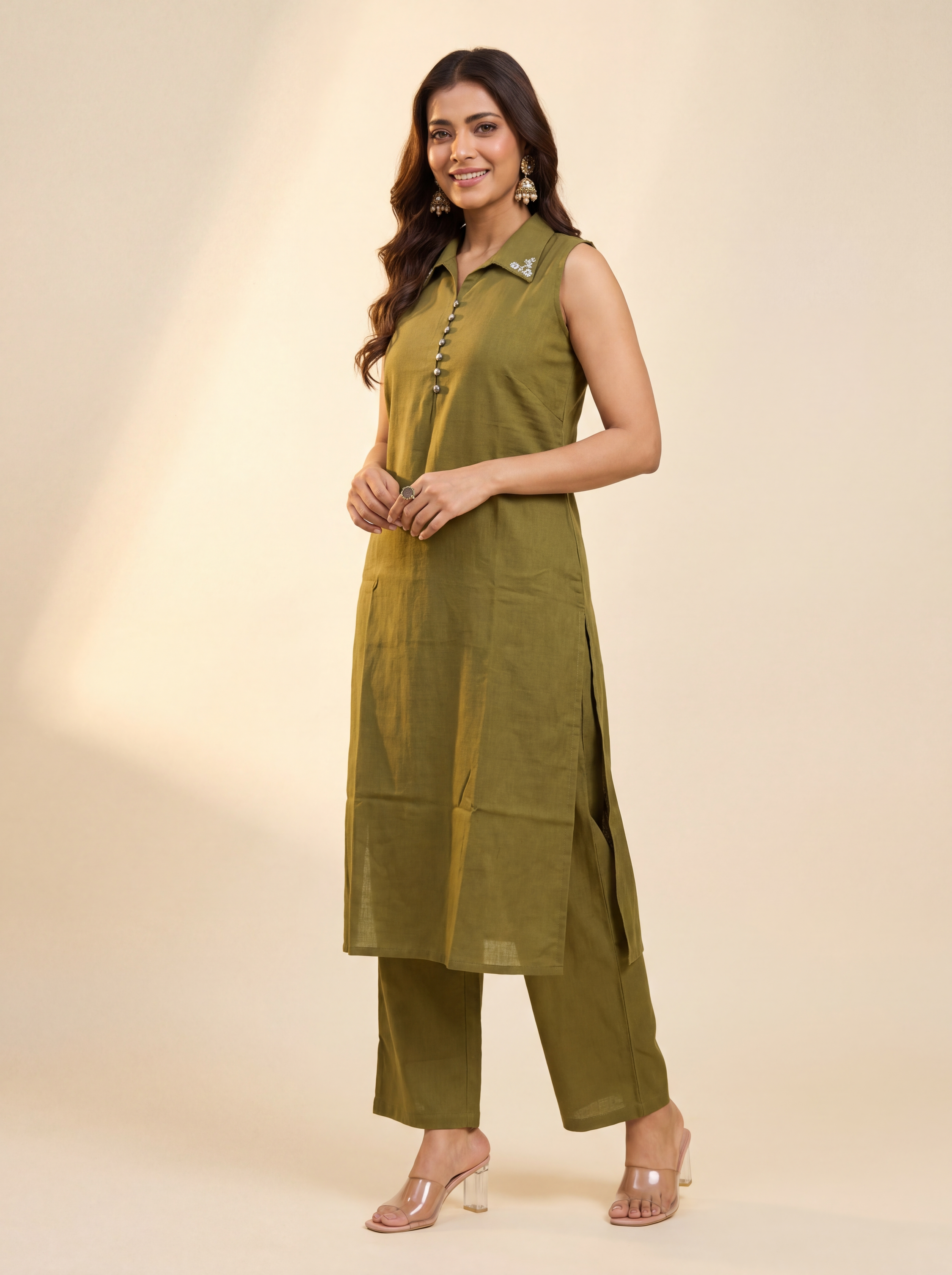 Olive Petal Collar Kurta Set