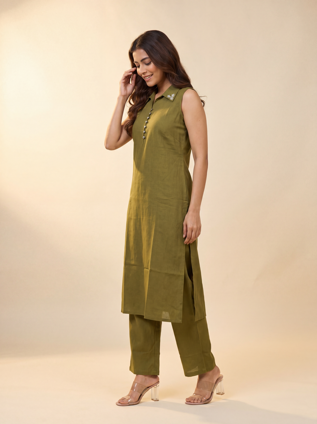 Olive Petal Collar Kurta Set