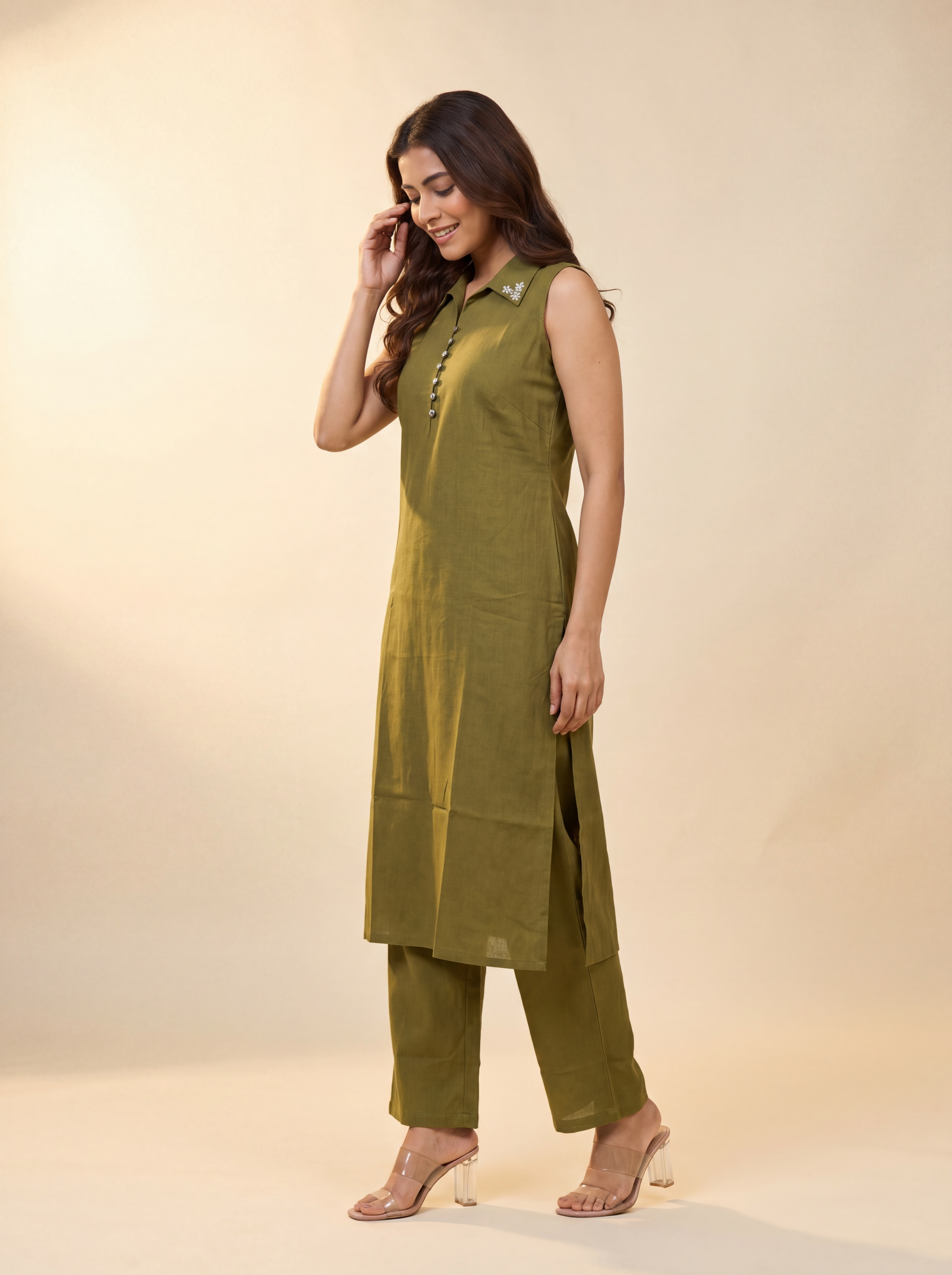 Olive Petal Collar Kurta Set
