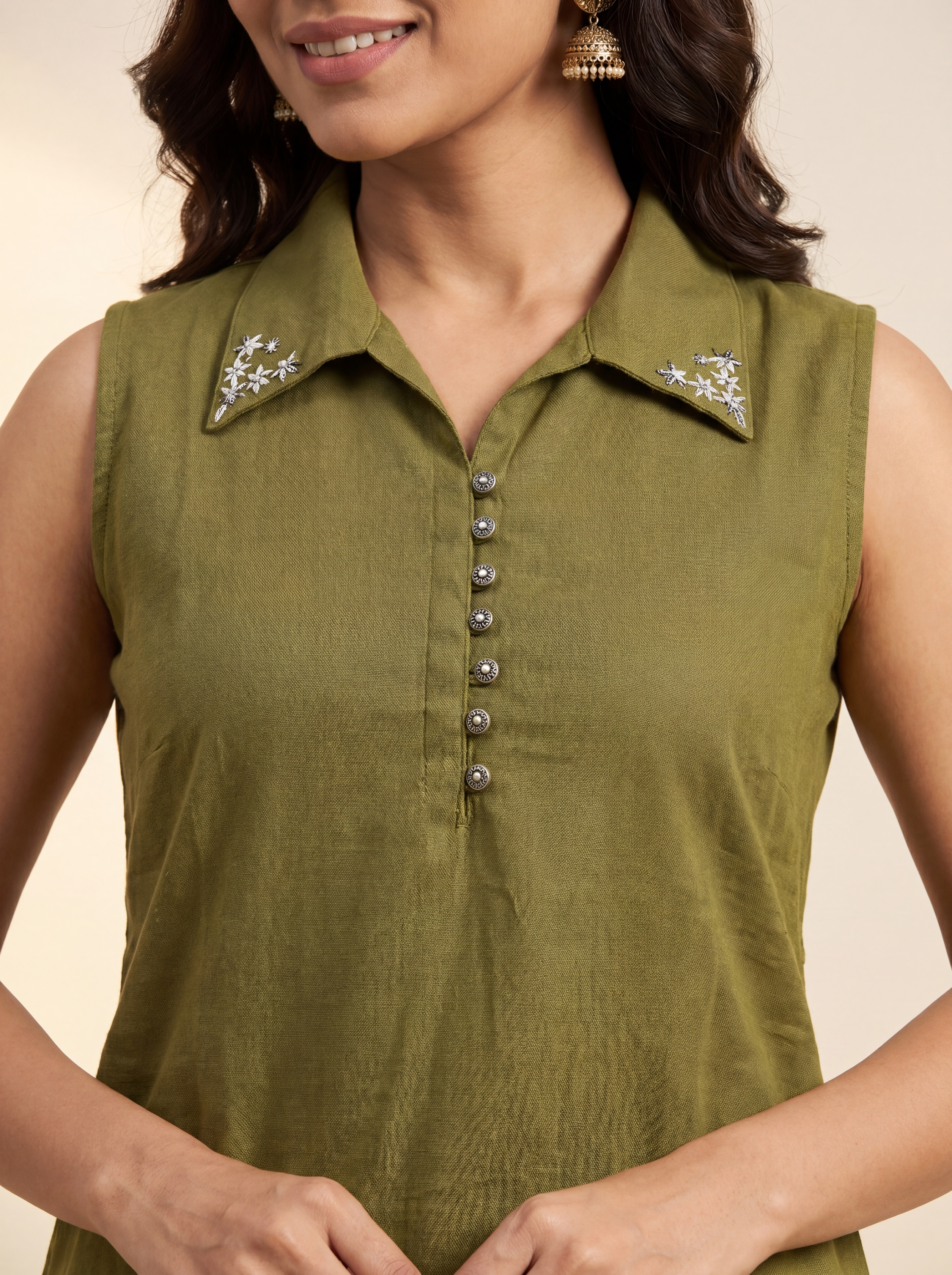 Olive Petal Collar Kurta Set