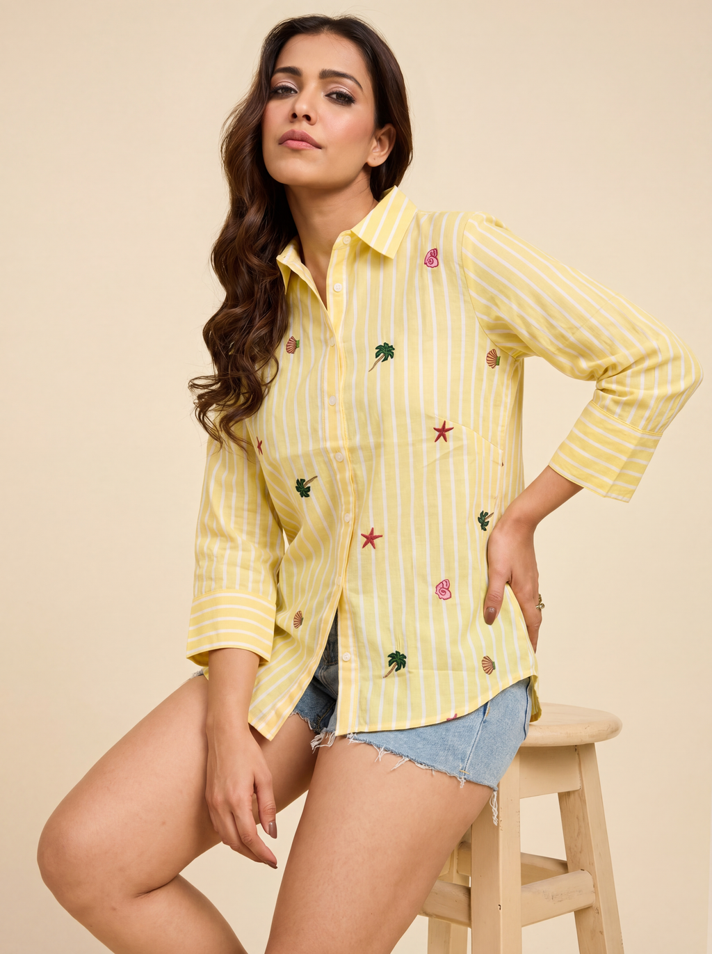 Yellow Striped Embroidered Shirt