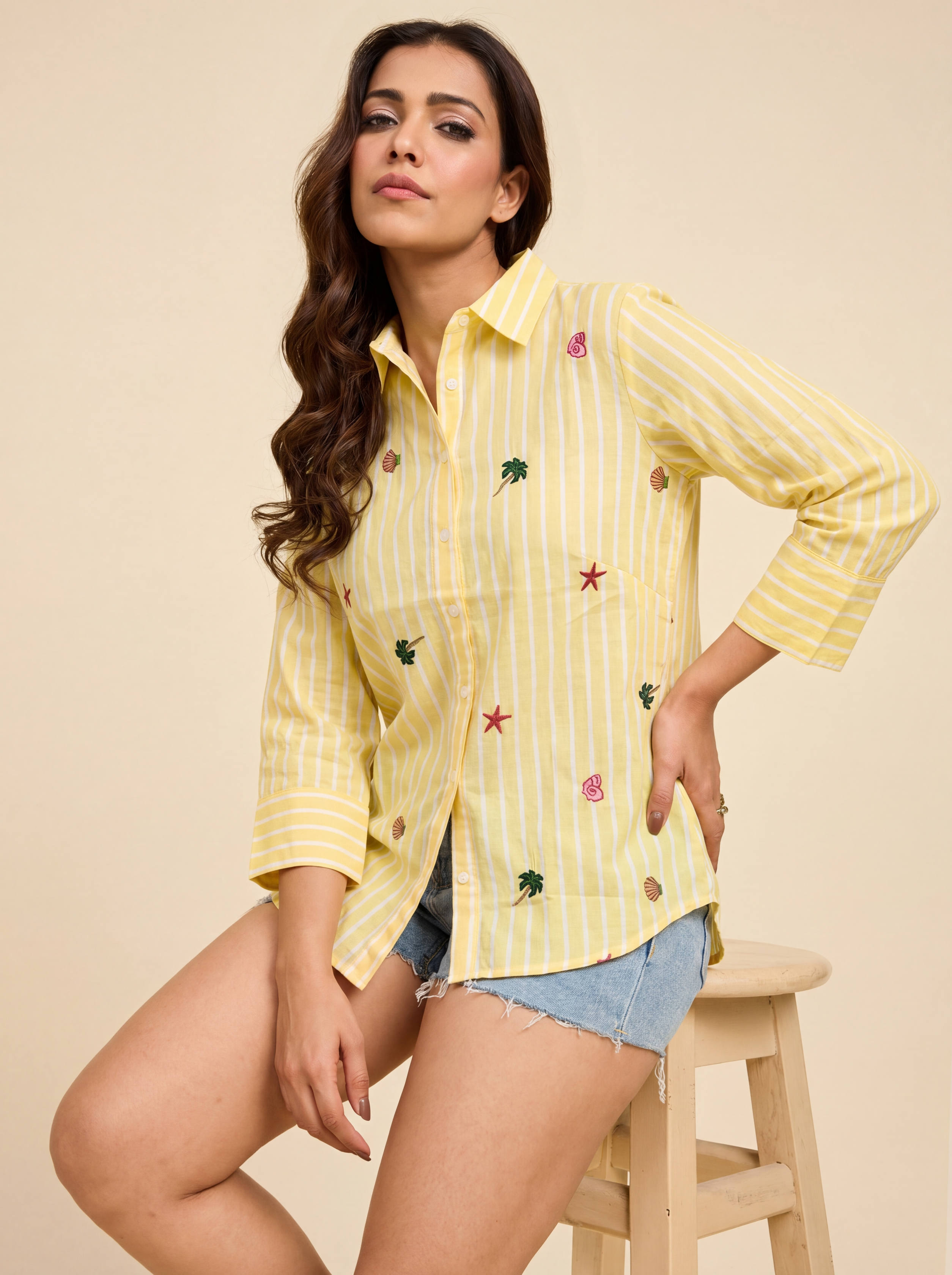 Yellow Striped Embroidered Shirt